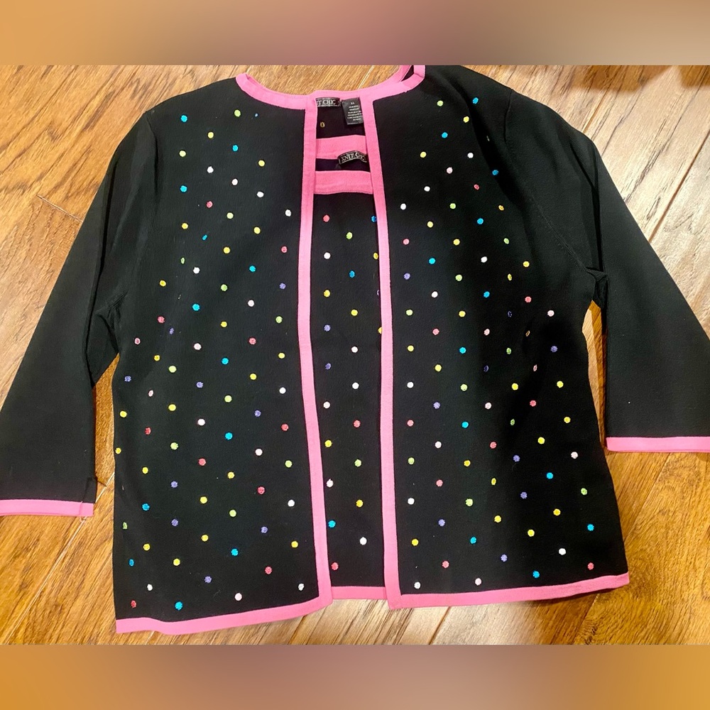 Knit Chic Polka Dot Black Cardigan Set‎ With Pink Trim